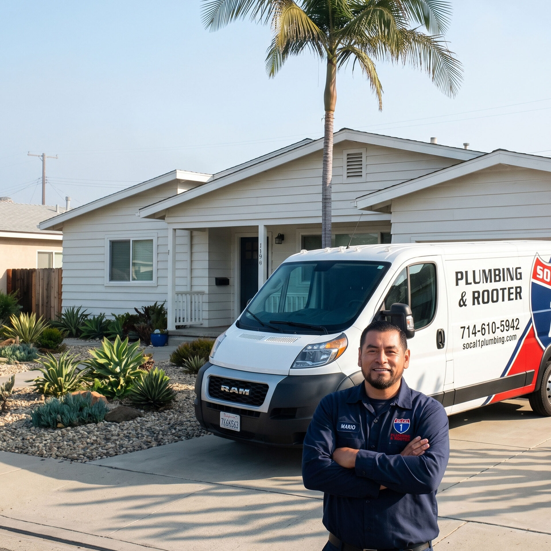 SoCal 1 Plumbing & Rooter technician Mario in front of a 1960s beach-community ranch home in Huntington Beach, CA