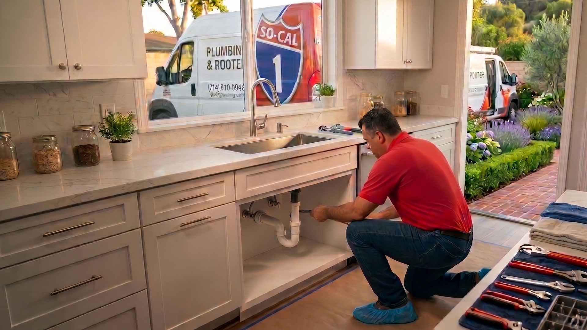 plumber working on a kitchen sink